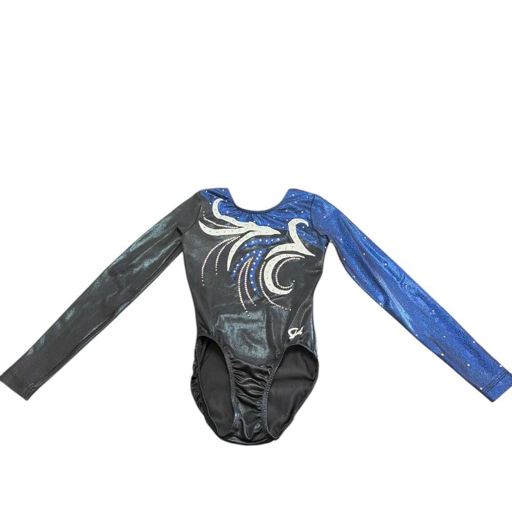 GK Elite Long Sleeve Gymnastics Leotard Black and Blue Rhinestone